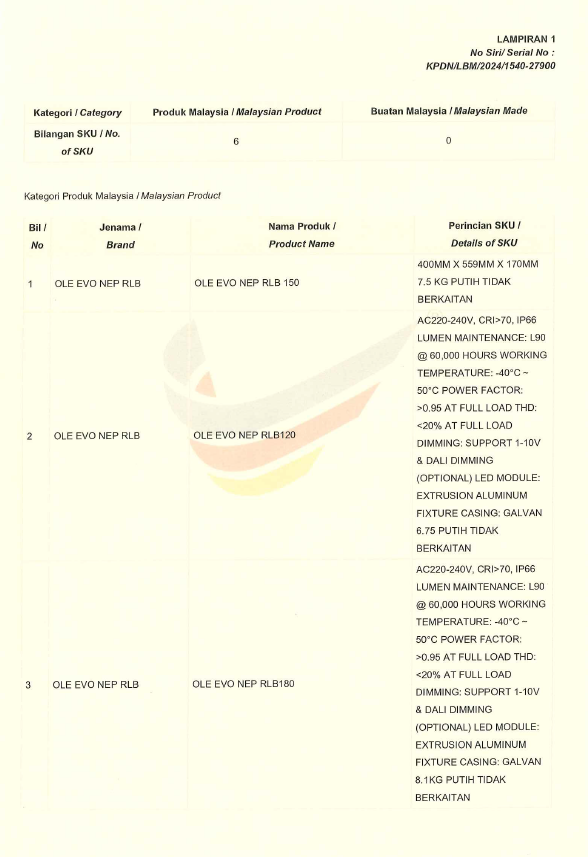 OLE Buatan malaysia cert OLE EVO NEP RLB 60W,90W,120W,150W, 180W,240W 