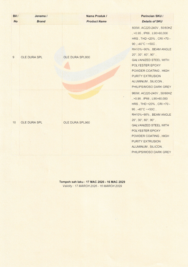 OLE Buatan malaysia cert OLE Dura SPL 120W,180W,240W,300W,360W,400W,480W,600W,800W, 960W (2)
