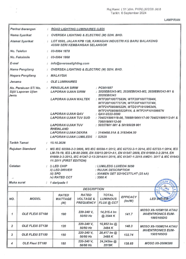 JKR EMAL Cert l OLE FLEXI ST 100W l 120W l 150W l 180W