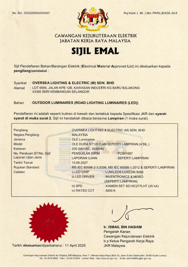 JKR Emal Cert OLE DURA ST 120W l 150W l  180W l 240W
