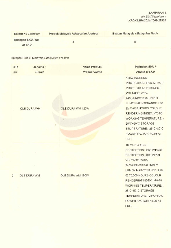 OLE Buatan malaysia cert OLE DURA WM 120W,180W,240W,300W
