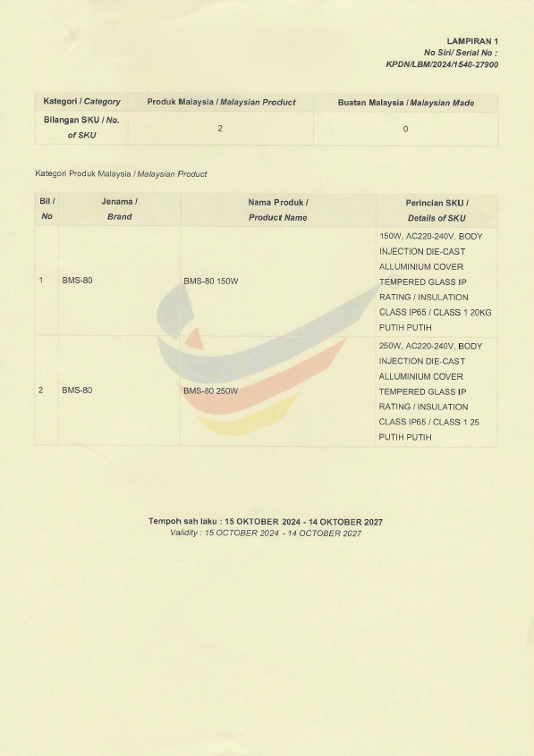 OLE Buatan malaysia cert OLE BMS-80 150W,250W