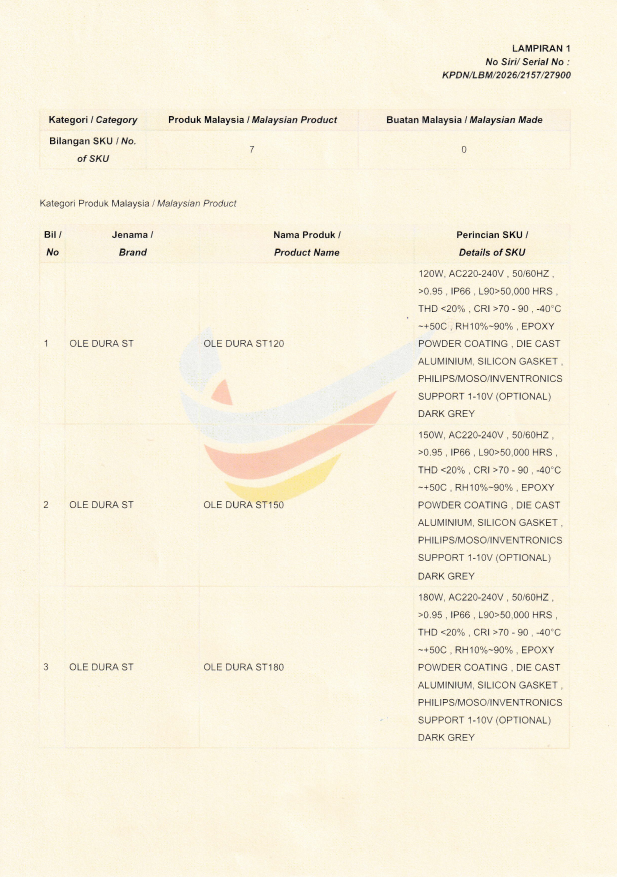 OLE Buatan malaysia cert OLE Dura ST 90W, 120W,180W,240W,270W,300W