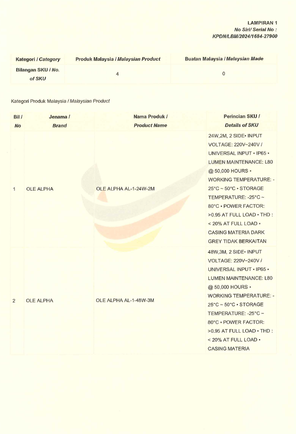 OLE Buatan malaysia cert OLE ALPHA AL 24W,48W,96W