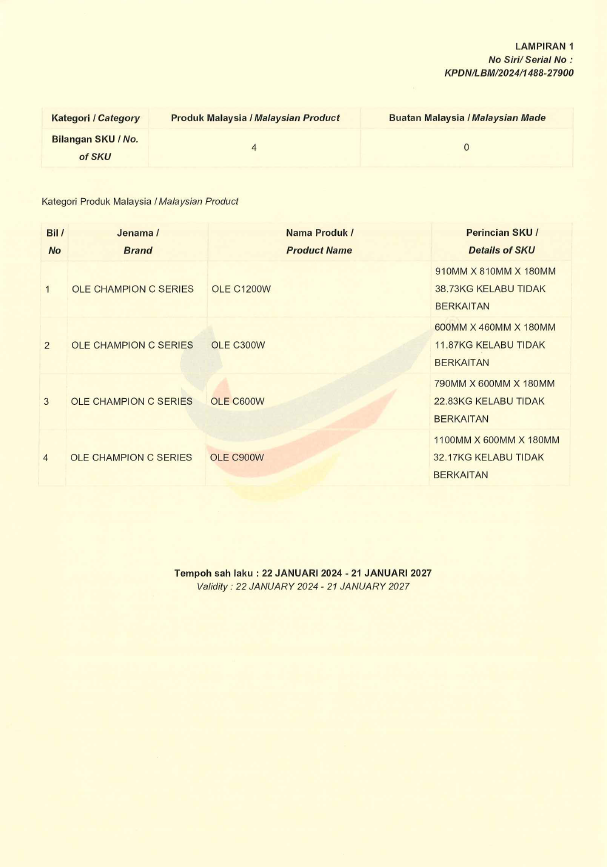 OLE Buatan malaysia cert OLE Champion 300W,600W,900W,1200W