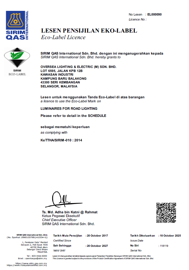 SIRIM Eco Label Cert l OLE JKC -K 80W l 100W l 120W l 150W
