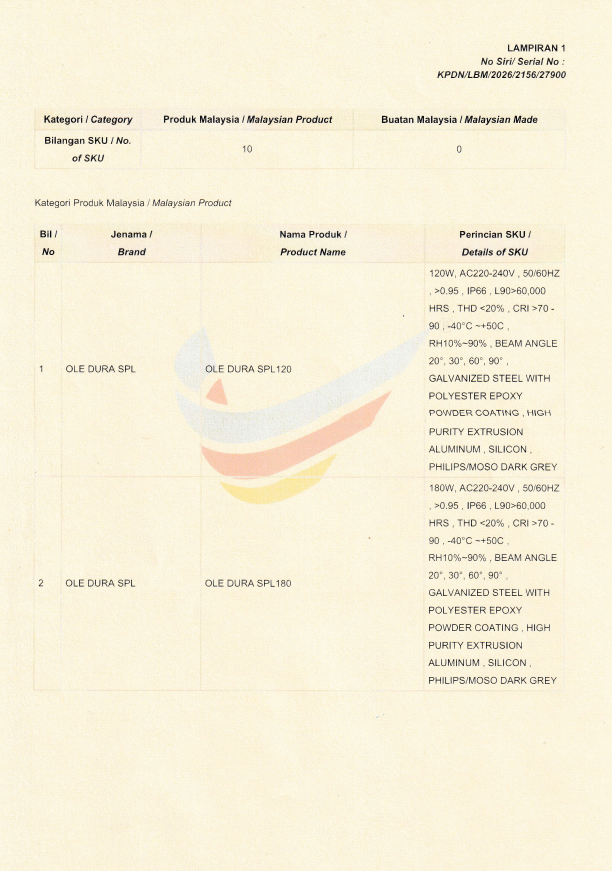 OLE Buatan malaysia cert OLE Dura SPL 120W,180W,240W,300W,360W,400W,480W,600W,800W, 960W