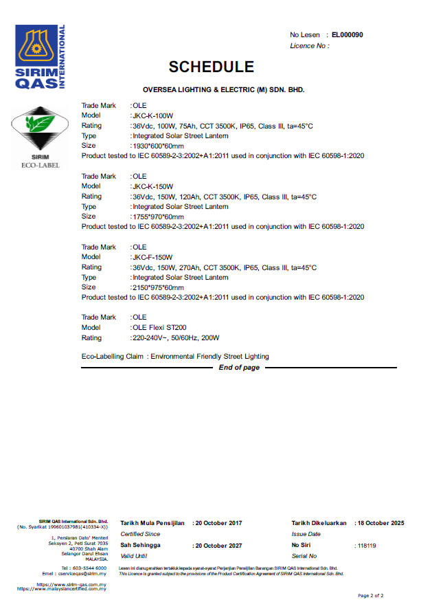 SIRIM Eco Label Cert l OLE JKC - K 80W l 100W l 120W l 150W