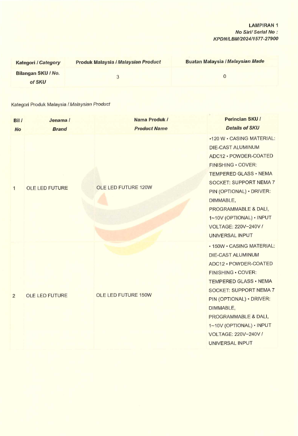 OLE Buatan malaysia cert OLE Future ST 120W,150W,160W 