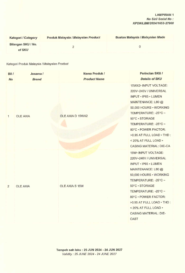 OLE Buatan malaysia cert OLE AXIA