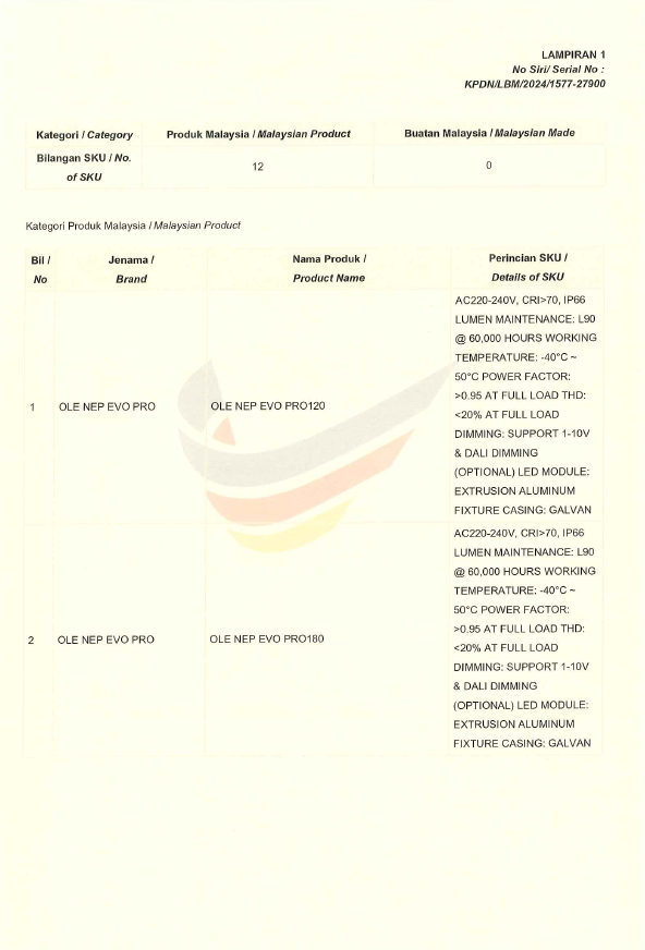OLE Buatan malaysia cert OLE NEP EVO PRO - 40W l 60W l 120W l 180W l 240W l 300W l 360W l 420W l 480W l 600W l 720W l 840W (6) 