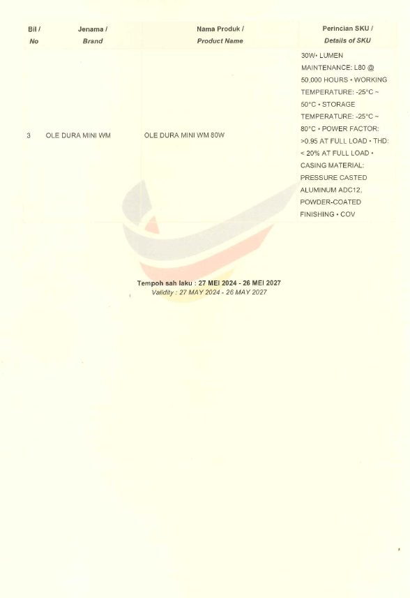 OLE Buatan malaysia cert OLE DURA MINI WM 30W,70W,80W