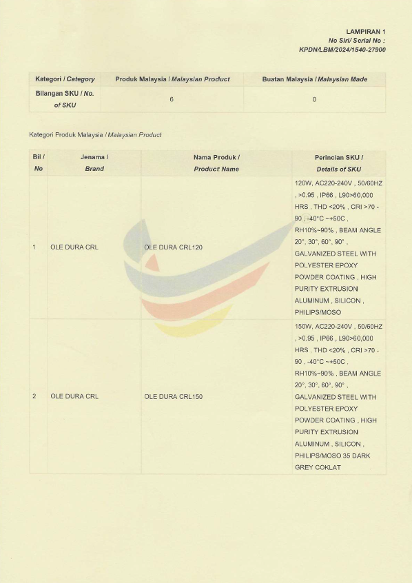 OLE Buatan malaysia cert OLE DURA CRL 90W,120W,150W,180W,240W,300W,