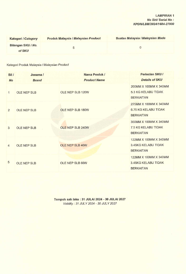 OLE Buatan malaysia cert OLE NEP SLB 40W,60W,120W,180W,240W