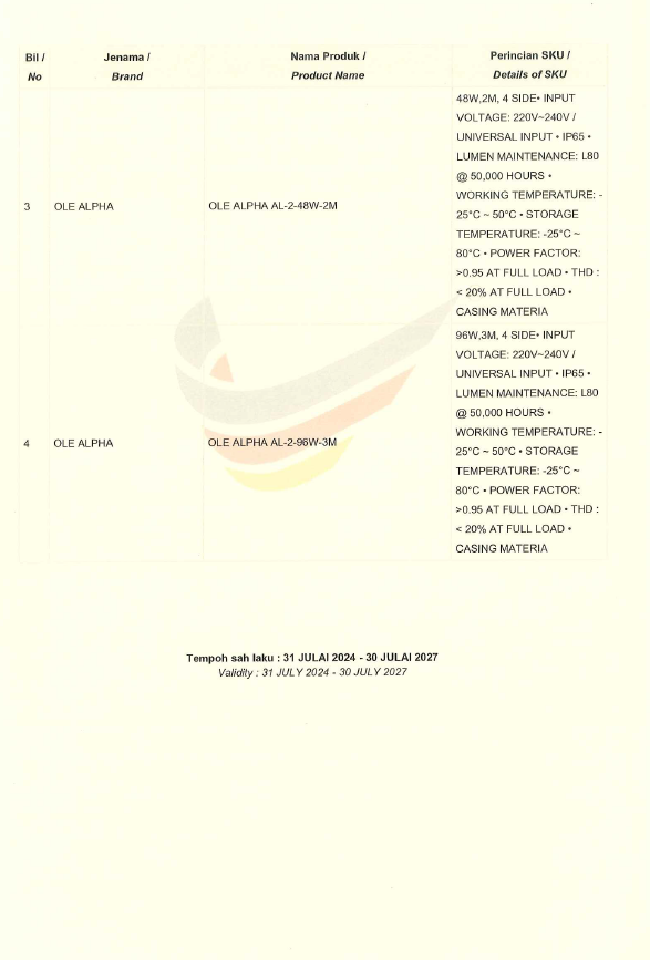 OLE Buatan malaysia cert OLE ALPHA AL 24W,48W,96W