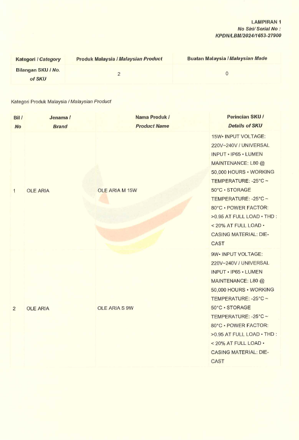 OLE Buatan malaysia cert OLE ARIA