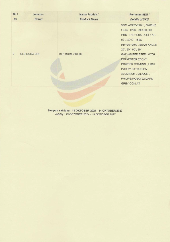 OLE Buatan malaysia cert OLE DURA CRL 90W,120W,150W,180W,240W,300W,