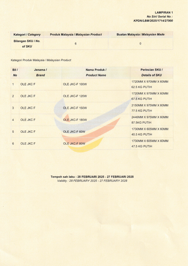 OLE Buatan malaysia cert OLE JKC-F 60W,80W,100W,120W,150W,180W