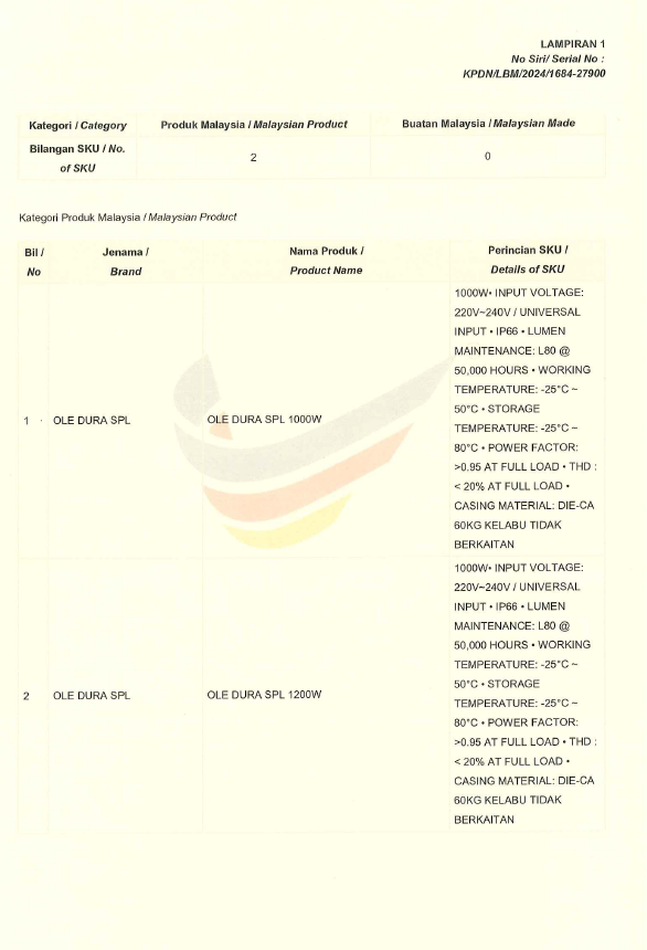 OLE Buatan malaysia cert OLE Dura SPL 1000W, 1200W