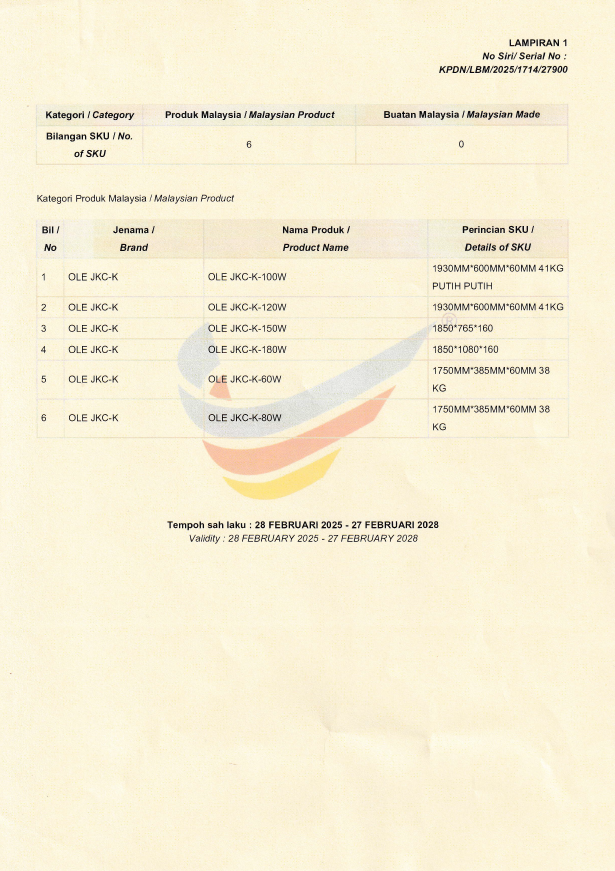 OLE Buatan malaysia cert OLE JKC-K 60W,80W,100W,120W,150W,180W
