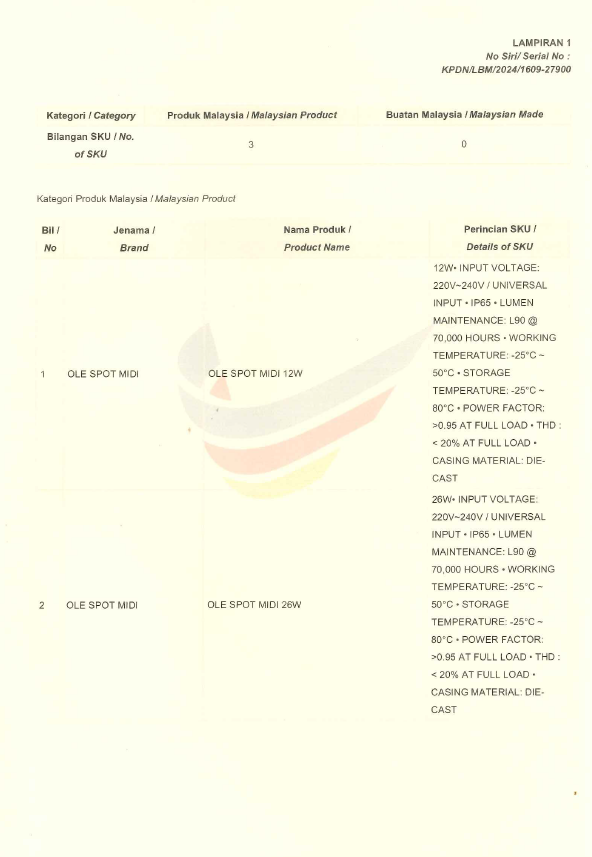OLE Buatan malaysia cert OLE Spot Midi 12W, 26W, 40W