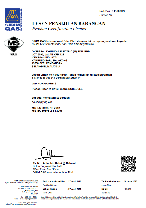 SIRIM Eco Label Cert l OLE JKC -K 80W l 100W l 120W l 150W