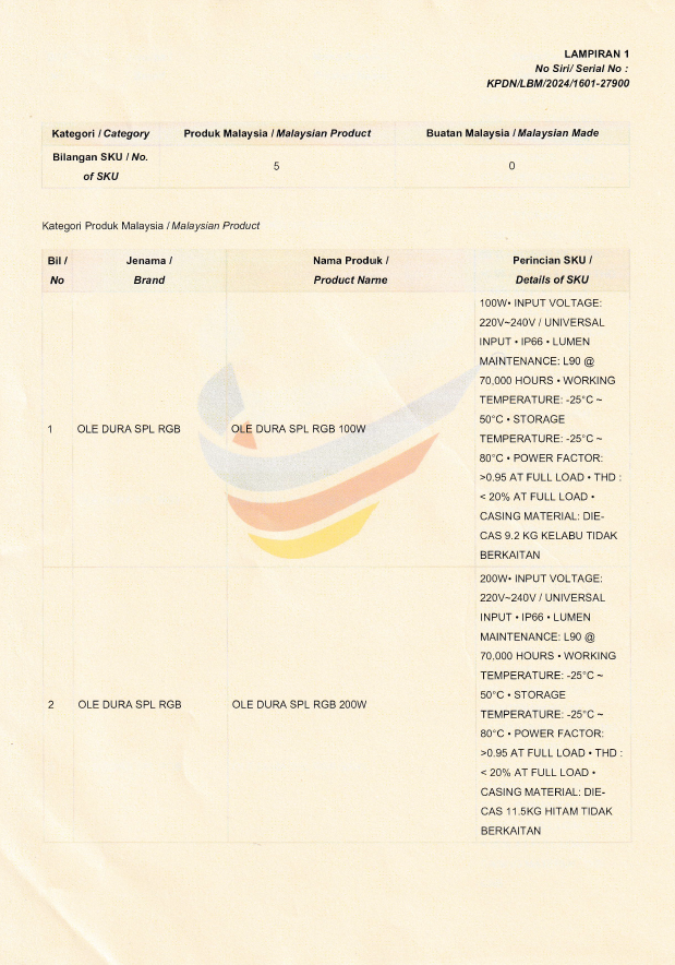 OLE Buatan malaysia cert OLE DURA SPL (RGB) 100W, 200W