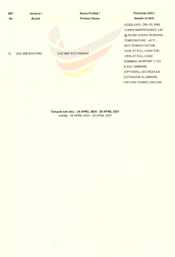 OLE Buatan malaysia cert OLE NEP EVO PRO - 40W l 60W l 120W l 180W l 240W l 300W l 360W l 420W l 480W l 600W l 720W l 840W (6) 