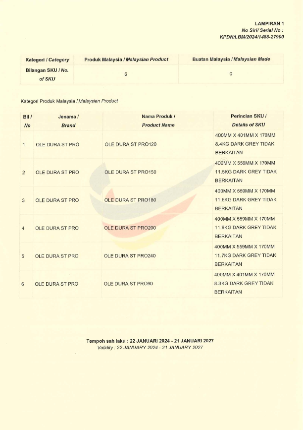 OLE Buatan malaysia cert OLE Dura ST PRO 90W, 120W,150W,180W,200W,240W 