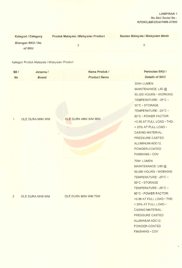 OLE Buatan malaysia cert OLE DURA MINI WM 30W,70W,80W