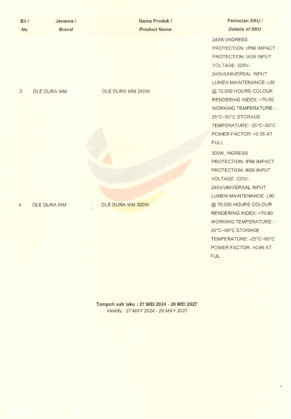 OLE Buatan malaysia cert OLE DURA WM 120W,180W,240W,300W