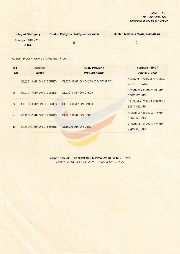 OLE Buatan malaysia cert OLE Champion 400W, 800W, 1200W, 1500W, 1800W
