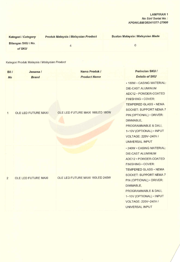 OLE Buatan malaysia cert OLE Future Maxi ST 180W,240W,300W